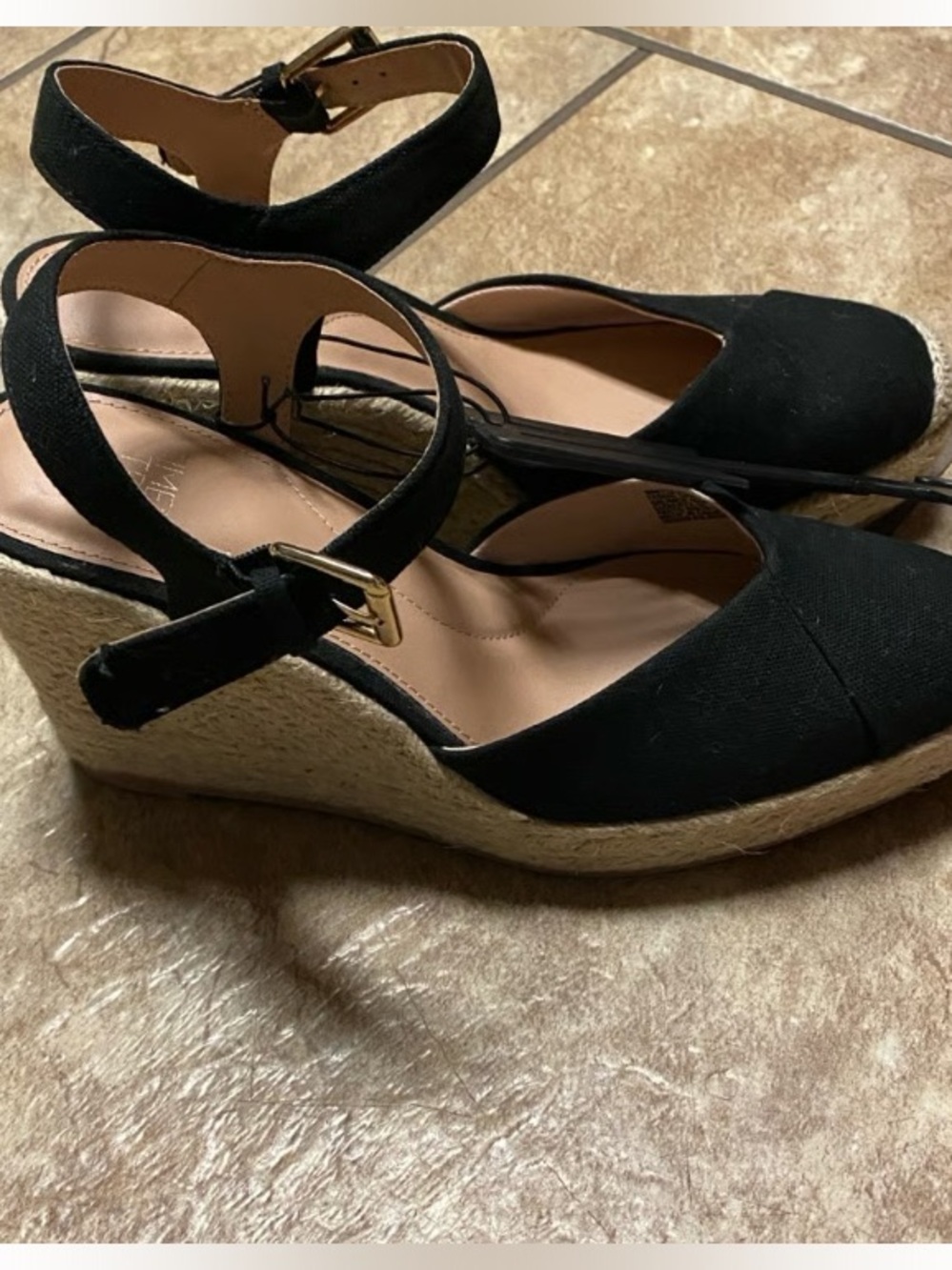 Time and Tru Black Espadrille Wedge Sandals with Ankle Strap